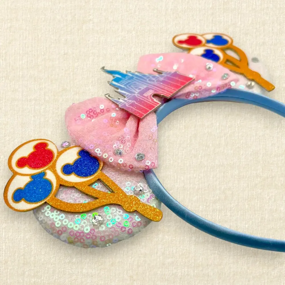 White Sequin Pastel Castle & Balloons Minnie Ears | Disney-Inspired Mouse Ears